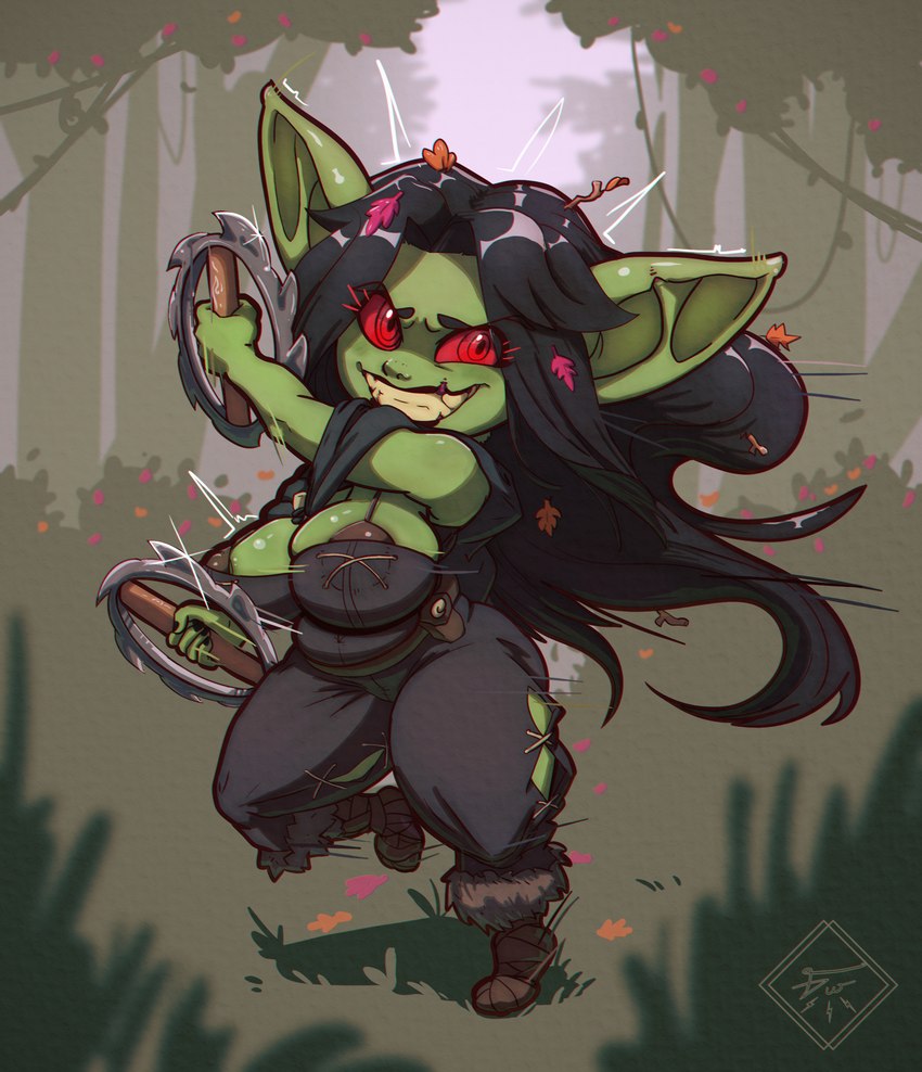 belly big_breasts black_hair breasts cape chakram cleavage clothed clothing corset creepy_smile female forest green_body green_skin hair huge_breasts humanoid_pointy_ears lingerie long_ears long_hair looking_at_viewer messy_hair plant pointy_ears red_eyes rosozu sharp_teeth short_stack slightly_chubby smile solo teeth thick_thighs topwear tree weapon gus_arts goblin humanoid absurd_res hi_res