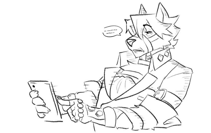 anthro cellphone clothing disgust disgusted_expression electronics gloves handwear harness humor leather leather_harness male phone smartphone solo ruthert4 mihoyo zenless_zone_zero von_lycaon canid canine canis mammal wolf monochrome