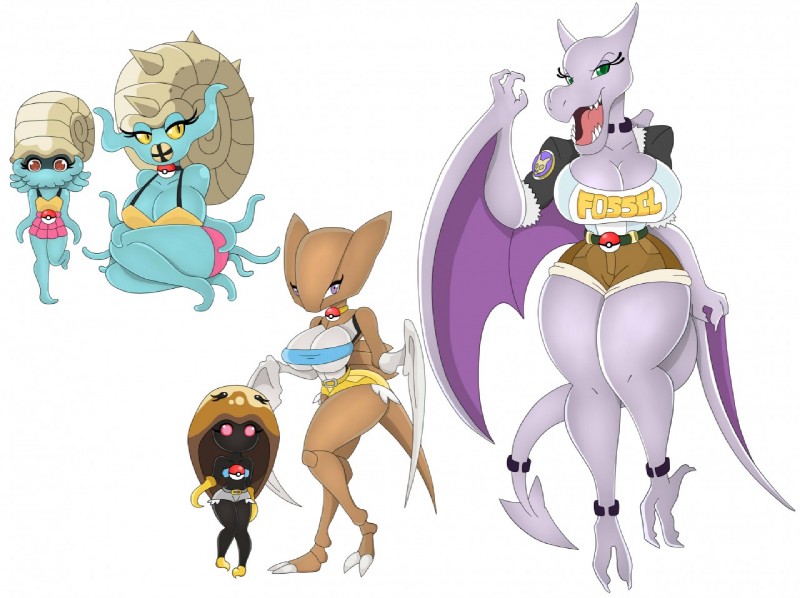 anthro big_breasts breasts female urusee584 nintendo pokemon aerodactyl fossil_pokemon generation_1_pokemon kabuto kabutops omanyte omastar pokemon_(species)