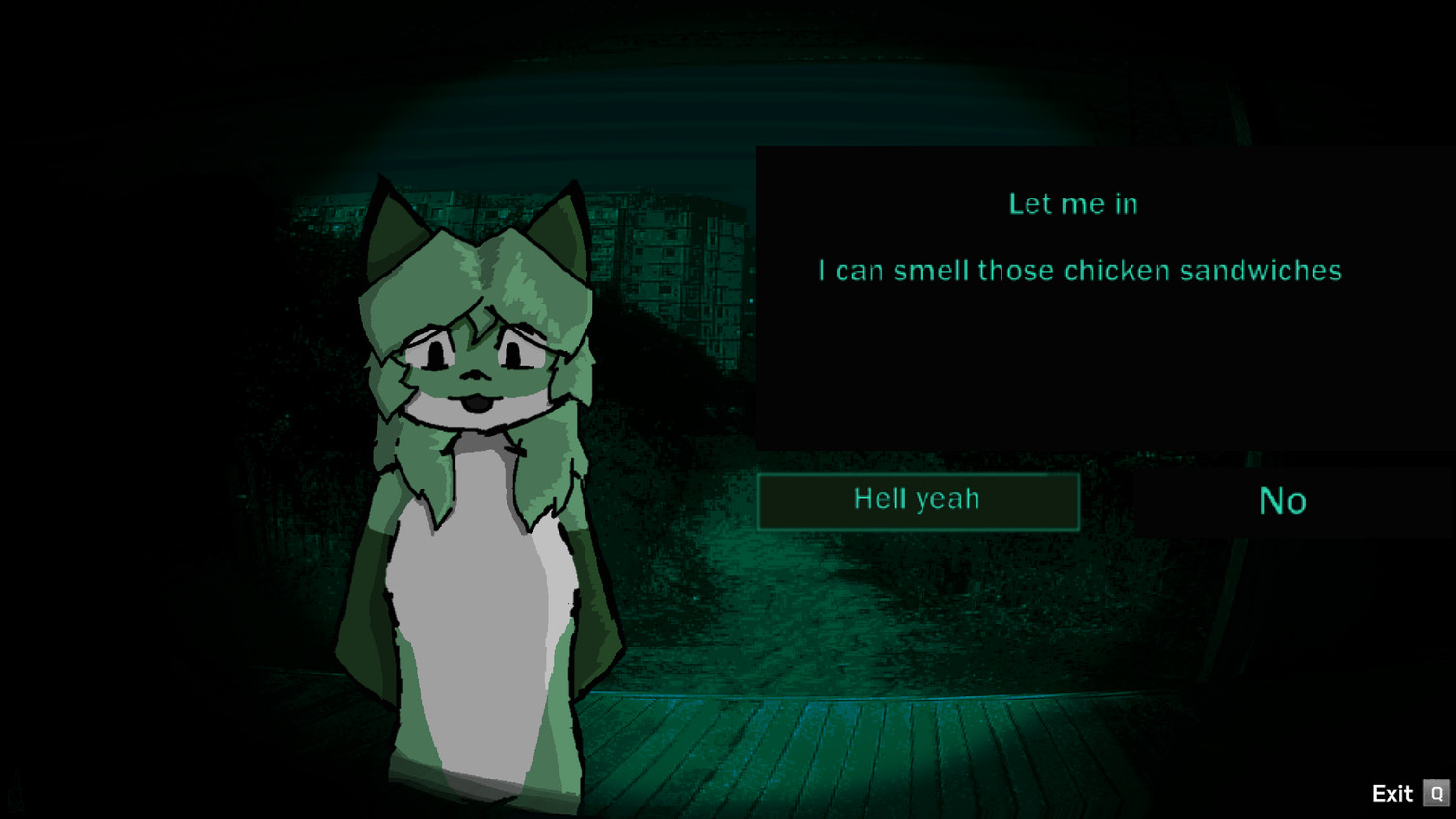 anthro apartment_building biped black_nose dark dialogue female fur gameplay_mechanics gloves_(marking) hands_behind_back looking_at_viewer markings multicolored_body multicolored_fur open_mouth outside screencap screencap_background short_snout solo text two_tone_body two_tone_fur user_interface white_sclera wood conditional_dnp naverbaudelaire no_i'm_not_a_human averi_(fiddleafox) canid canine fox mammal red_fox true_fox 2026 aliasing digital_drawing_(artwork) digital_media_(artwork) english_text hi_res shaded