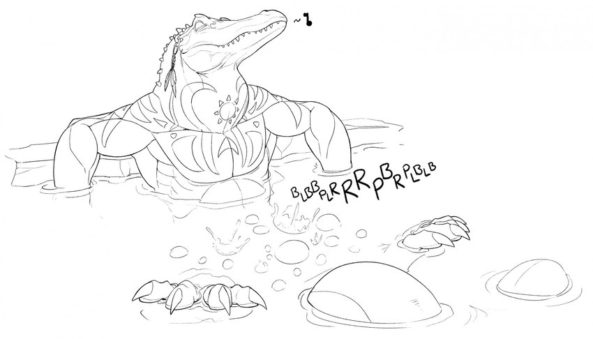 anthro bathing claws fart fart_bubbles fart_cloud farting_underwater feet male nude relaxed_expression relaxing slightly_muscular smelly solo tail tattoo tribal tribal_tattoo aetherxov alligator alligatorid crocodilian reptile scalie hi_res monochrome