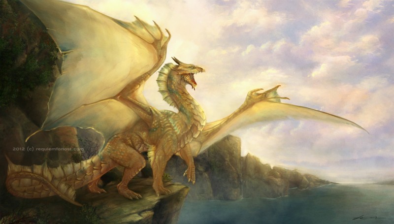 ambiguous_gender bronze claws cliffs cloud detailed_background fangs feral fin horn membrane_(anatomy) membranous_wings outside sea solo tail teeth water wings kitsunia mythology dragon mythological_creature mythological_scalie scalie hi_res