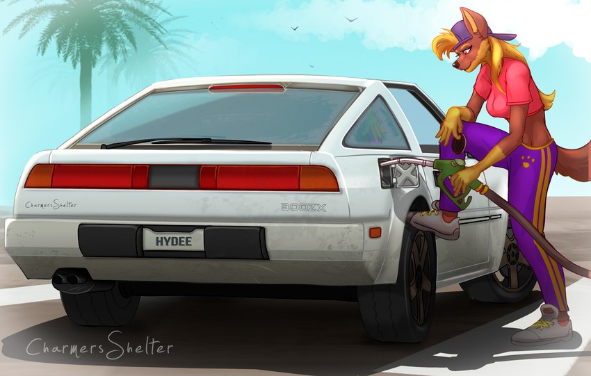 300zx anthro car female gas_pump gas_station palm_tree plant refueling retro_car solo text tree vehicle charmersshelter nissan nissan_300zx hydee canid canine canis jackal mammal absurd_res english_text hi_res