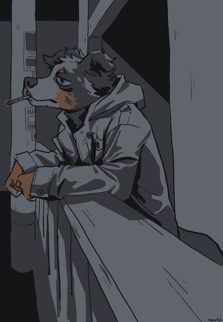 anthro brown_body brown_fur cigarette clothed clothing detailed_background fur grey_body grey_clothing grey_fur male multicolored_body multicolored_fur side_view smoking solo topwear two_tone_body two_tone_fur mawfulme canid canine canis domestic_dog mammal 2021 cel_shading digital_drawing_(artwork) digital_media_(artwork) hi_res restricted_palette shaded signature