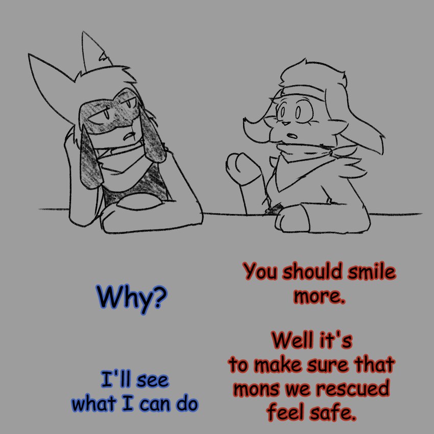 answer anthro blue_text dialogue duo eyelashes female fur kerchief looking_at_another male open_mouth paws question question_mark red_text scar talking_to_another text novaarts nintendo pokemon pokemon_mystery_dungeon spike_chunsoft generation_4_pokemon generation_8_pokemon pokemon_(species) raboot riolu 2024 digital_media_(artwork) english_text