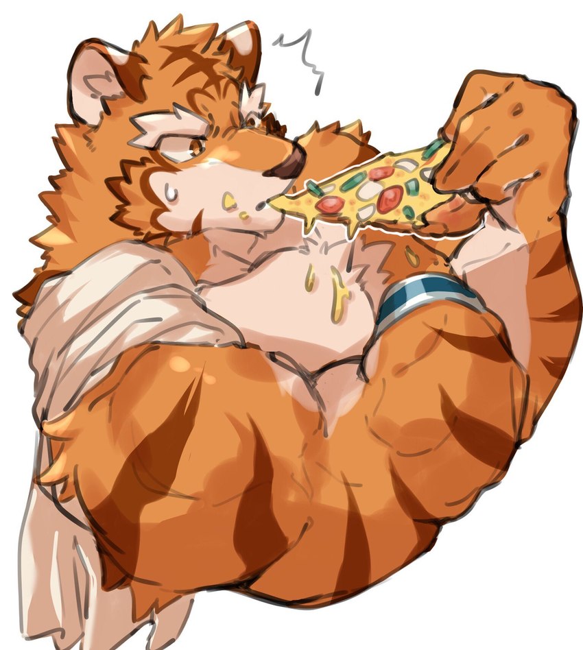 anthro eating eating_food food fur male muscular muscular_anthro muscular_male orange_body orange_eyes orange_fur pizza pizza_slice solo striped_body striped_fur stripes wristband aidemcc knights_college grantly_bell felid mammal pantherine tiger 2022 digital_drawing_(artwork) digital_media_(artwork) hi_res