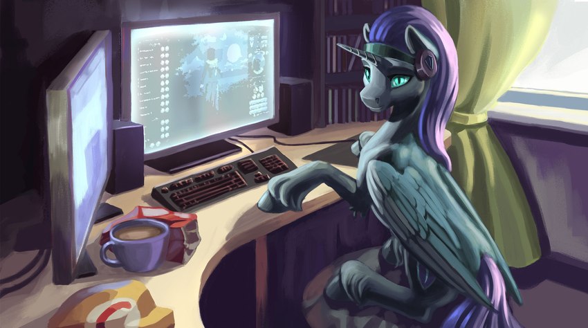 coffee_cup computer_keyboard computer_mouse computer_screen container cup curtains electronics female feral fetlocks furniture headgear headphones headset hooves horn inside pupils slit_pupils solo speaker table tail video_game_reference window wings kirillk hasbro my_little_pony mythology nyx_(mlp) equid equine horse mammal mythological_creature mythological_equine pony unicorn winged_unicorn hi_res wallpaper