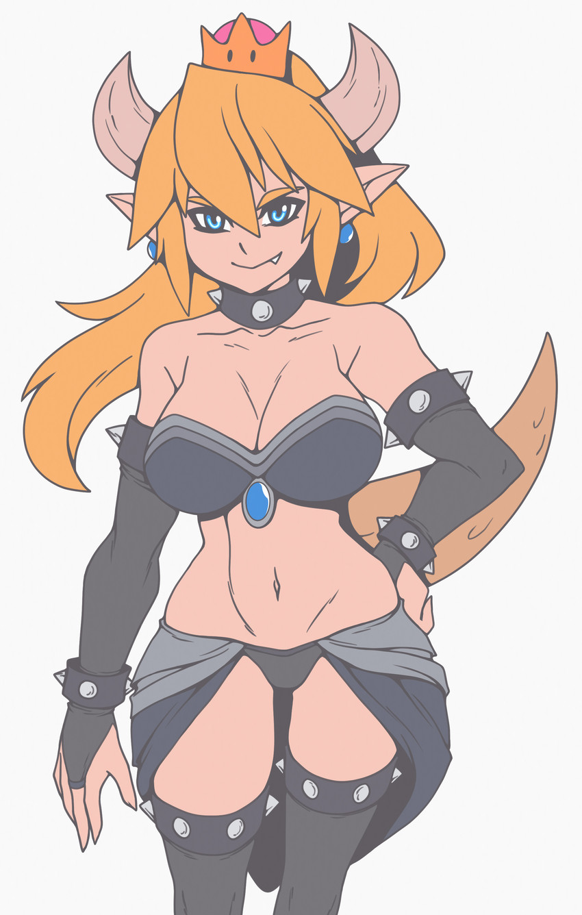 alternate_species armwear blonde_hair blue_eyes breasts clothing crossgender crown ear_piercing ear_ring female hair headgear horn humanoid_pointy_ears humanoidized legwear long_hair mtf_crossgender navel not_furry piercing pointy_ears ring_piercing simple_background solo super_crown abysswatchers bowsette_meme mario_bros nintendo bowser horned_humanoid humanoid 2019 absurd_res hi_res meme