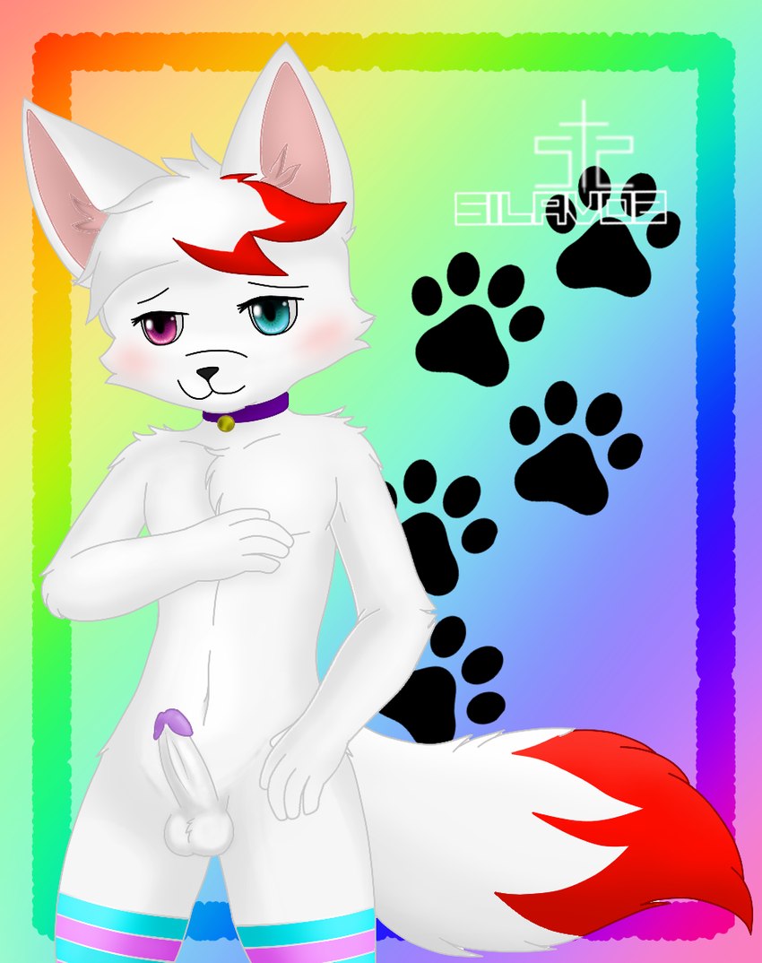 anthro balls blue_eyes blush collar erection fur genitals male navel nude penis pink_eyes rainbow_background red_body red_fur simple_background smile solo standing white_body white_fur silavos boy_kisser_(meme) silly_cat_(mauzymice) domestic_cat felid feline felis mammal hi_res meme watermark