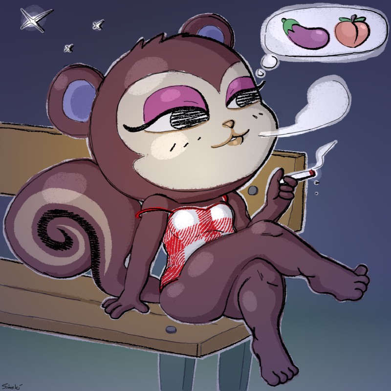 bench bottomless cigarette clothed clothing crossed_legs dress feet food fruit huge_head makeup night plant smoking solo suggestive thought_bubble simski animal_crossing nintendo pecan_(animal_crossing) mammal rodent sciurid tree_squirrel 1:1 colored hi_res