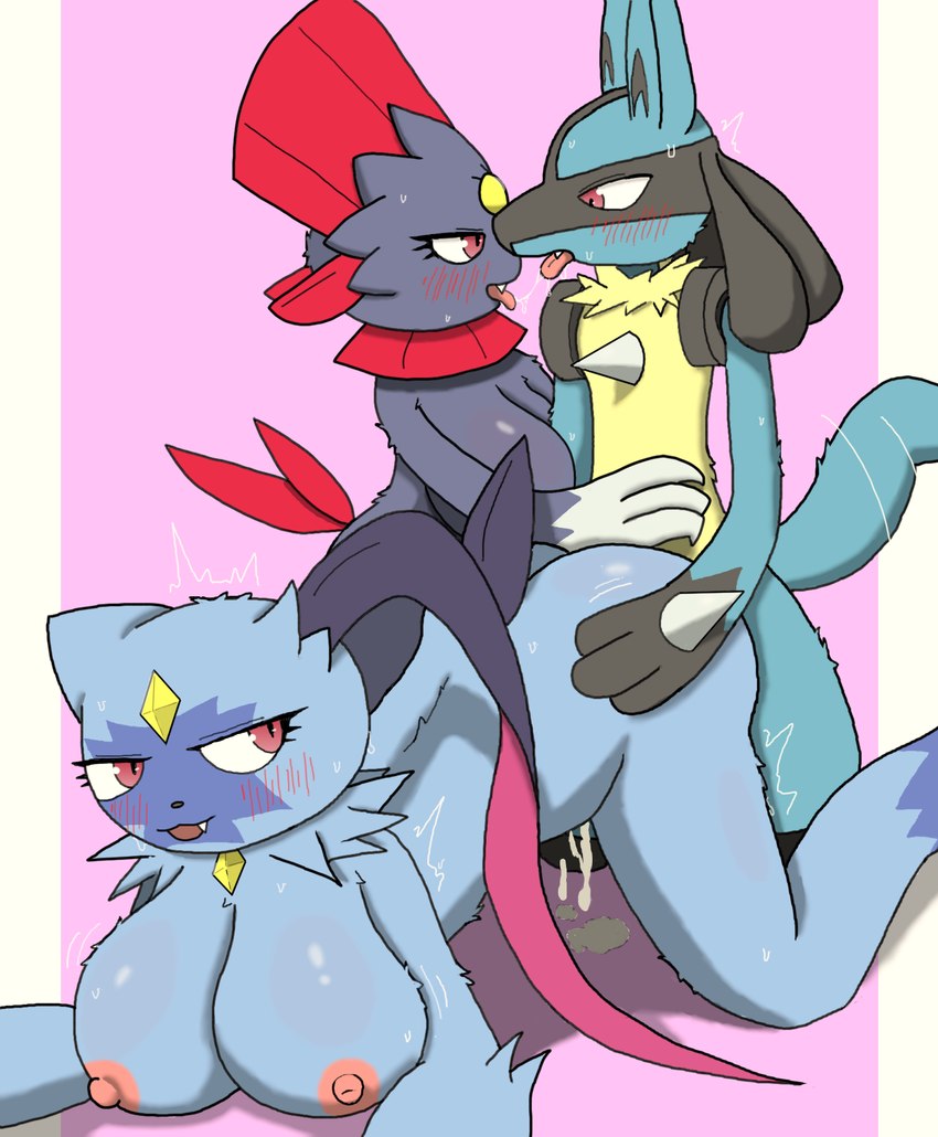 all_fours ambiguous_penetration anthro big_breasts bodily_fluids breasts doggystyle drooling female from_behind_position group interspecies male male/female penetration saliva sex simple_background sweat trio zk_(artist) nintendo pokemon generation_4_pokemon generation_8_pokemon lucario pokemon_(species) sneasler weavile hi_res