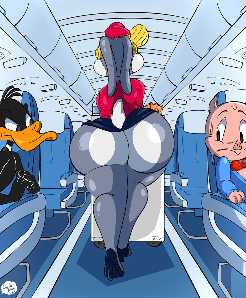 aircraft airplane anthro big_butt black_body bodily_fluids bottomless bottomless_anthro bottomless_male butt clothed clothing crossdressing flight_attendant footwear fur grey_body grey_fur group hat headgear headwear high_heels inside_airplane looking_at_butt male partially_clothed pink_body shoes sweat tail thick_thighs trio vehicle wide_hips carlos_jurado_cartoons looney_tunes warner_brothers bugs_bunny daffy_duck porky_pig anatid anseriform avian bird domestic_pig duck lagomorph leporid mammal rabbit suid suine sus_(pig) absurd_res hi_res