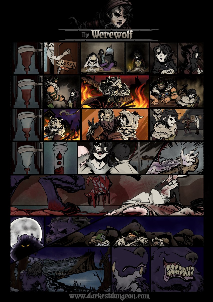 anthro black_body black_fur black_hair black_nose blood bodily_fluids bounty_hunter fan_comic female female_human fire fur hair male moon night teeth yellow_eyes hooded_lay darkest_dungeon mythology bounty_hunter_(darkest_dungeon) fan_character canid canine human mammal mythological_canine mythological_creature werecanid werecanine werecreature werewolf absurd_res comic hi_res