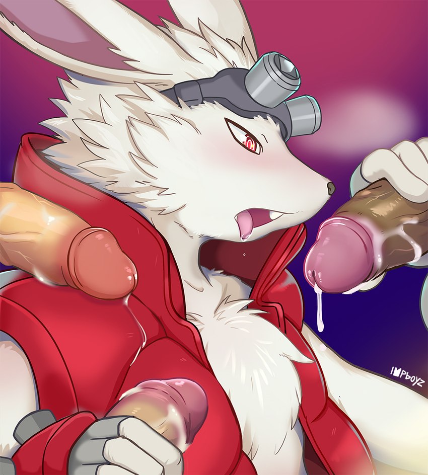 anthro bare_chest blush bodily_fluids clothing cum erection eyewear fluffy_chest fur genital_fluids genitals goggles group long_ears male male/male penis red_clothing red_eyes topwear vest white_body white_fur impboyz summer_wars king_kazma lagomorph leporid mammal rabbit