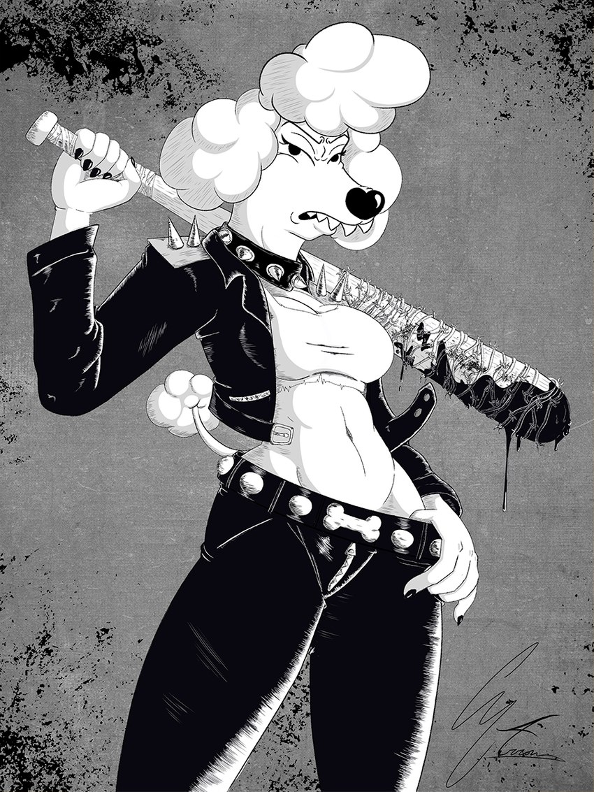 annoyed anthro baseball_bat bat_(object) belt black_eyes black_nose blood bodily_fluids breasts claws clothed clothing female hair intimidation jacket leather leather_clothing leather_jacket leather_topwear looking_at_viewer navel simple_background solo teeth teeth_showing topwear g4rron catdog_(series) nickelodeon shriek_dubois canid canine canis domestic_dog mammal poodle 3:4 black_and_white hi_res monochrome