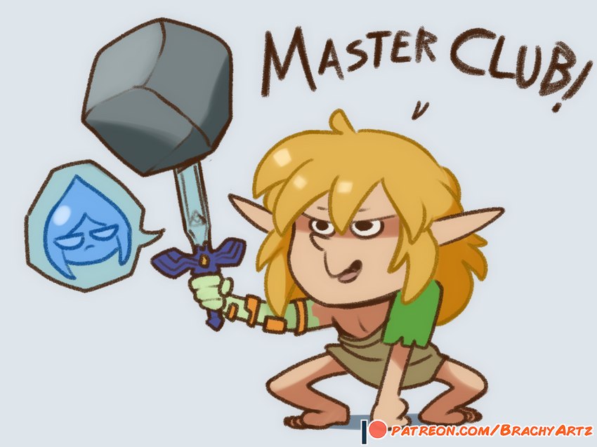 blonde_hair caveman clothing female hair holding_melee_weapon holding_object holding_sword holding_weapon humanoid_pointy_ears light_body light_skin long_hair male master_sword melee_weapon not_furry pointy_ears rock simple_background solo speech_bubble sword text weapon brachyzoid nintendo skyward_sword tears_of_the_kingdom the_legend_of_zelda fi_(tloz) link elf humanoid hylian 2023 english_text url