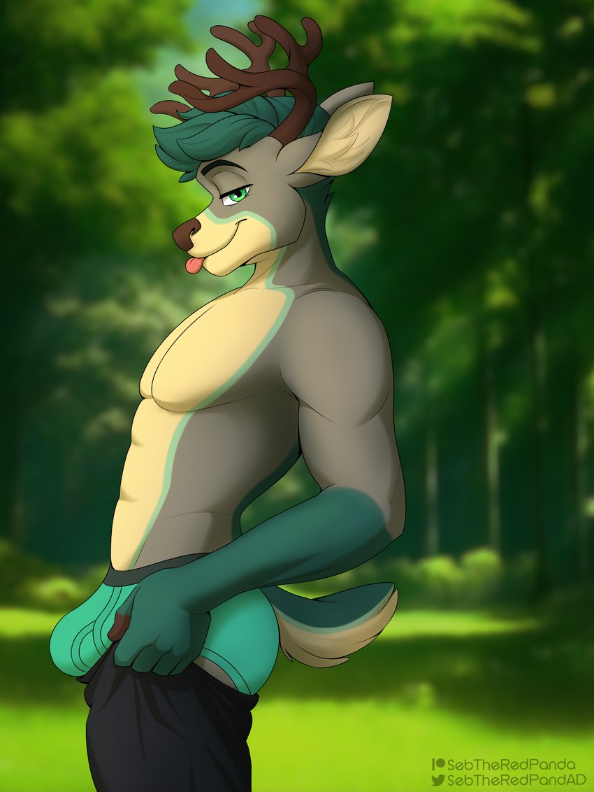 anthro antlers blep bottomwear briefs bulge clothing fur green_body green_briefs green_clothing green_eyes green_fur green_underwear horn looking_at_viewer male muscular muscular_male nature pants solo tongue tongue_out underwear sebtheredpanda tight_pants_(meme) zone_system deer mammal hi_res meme