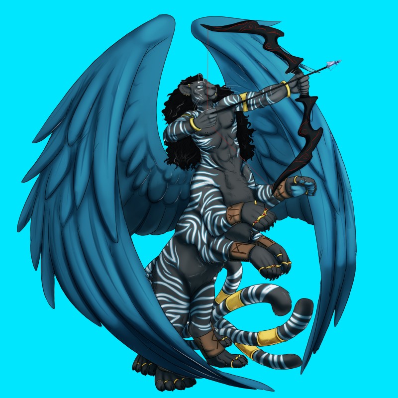 8_legs aiming armlet arrow_(weapon) bow_(weapon) bracelet digitigrade feathered_wings feathers holding_object holding_weapon jewelry male multi_leg multi_limb multi_tail multifur pawpads paws ranged_weapon ring simple_background solo tail weapon wings drognarus_(artist) drognarus felid felid_taur long_taur mammal mammal_taur pantherine taur tiger 1:1 absurd_res hi_res