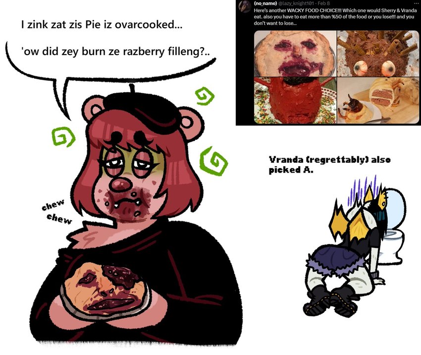 anthro beret black_hair brown_body brown_fur brown_hair clothing dialogue disgust duo eating female food_on_face fur hair hat headgear headwear pie_(food) text toilet white_body white_fur blarf022 sherry_bear_(blarf022) vranda_von_bat_(blarf022) bat bear honduran_white_bat leaf-nosed_bat mammal microbat yangochiropteran 2024 english_text