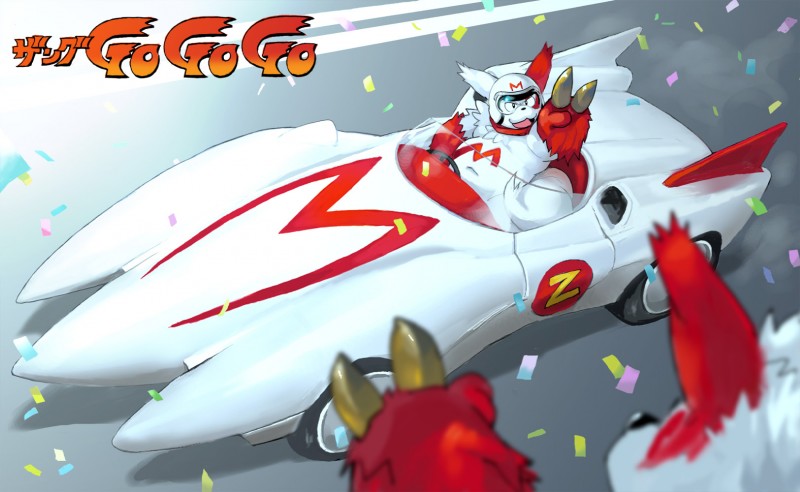 anthro armor belly black_nose car duo fur headgear helmet inside_car inside_vehicle navel race_car red_body red_fur sitting slightly_chubby text vehicle white_body white_fur nekomarudon tanukimaru nintendo pokemon speed_racer generation_3_pokemon pokemon_(species) zangoose 2008 hi_res japanese_text