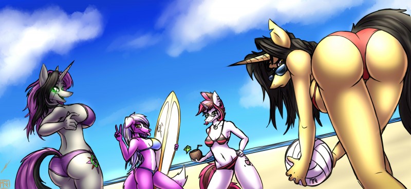 5_fingers anthro anthrofied beach big_breasts bikini black_hair breast_size_difference breasts brown_hair butt cleavage clothed clothing cutie_mark detailed_background eyebrows eyelashes eyewear female fingers gesture green_eyes group hair hand_gesture hand_on_hip heterochromia horn long_hair midriff multicolored_hair navel outside pink_hair purple_hair sand seaside side_boob sky sunglasses surfboard swimwear two-piece_swimsuit two_tone_hair v_sign vehicle water watercraft yellow_eyes tacticalfur hasbro my_little_pony mythology amber_steel aura_spark fan_character skuttz_(oc) splitsy equid equine mammal mythological_creature mythological_equine unicorn 2015 absurd_res hi_res