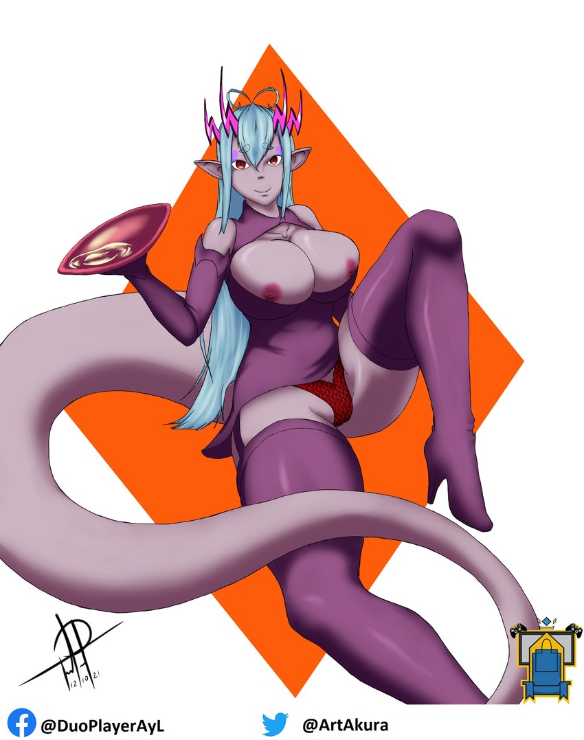 big_breasts blue_hair boots breasts clothed clothing exposed_breasts female footwear hair high_heeled_boots high_heels horn humanoid_pointy_ears lace_panties legwear long_hair monster_girl_(genre) nipples not_furry pointy_ears purple_body red_eyes sake_dish shoes simple_background skimpy solo thigh_boots thigh_highs white_background artakura asian_mythology east_asian_mythology japanese_mythology mythology saber_ibuki-douji demon humanoid oni yokai 2021 absurd_res hi_res signature