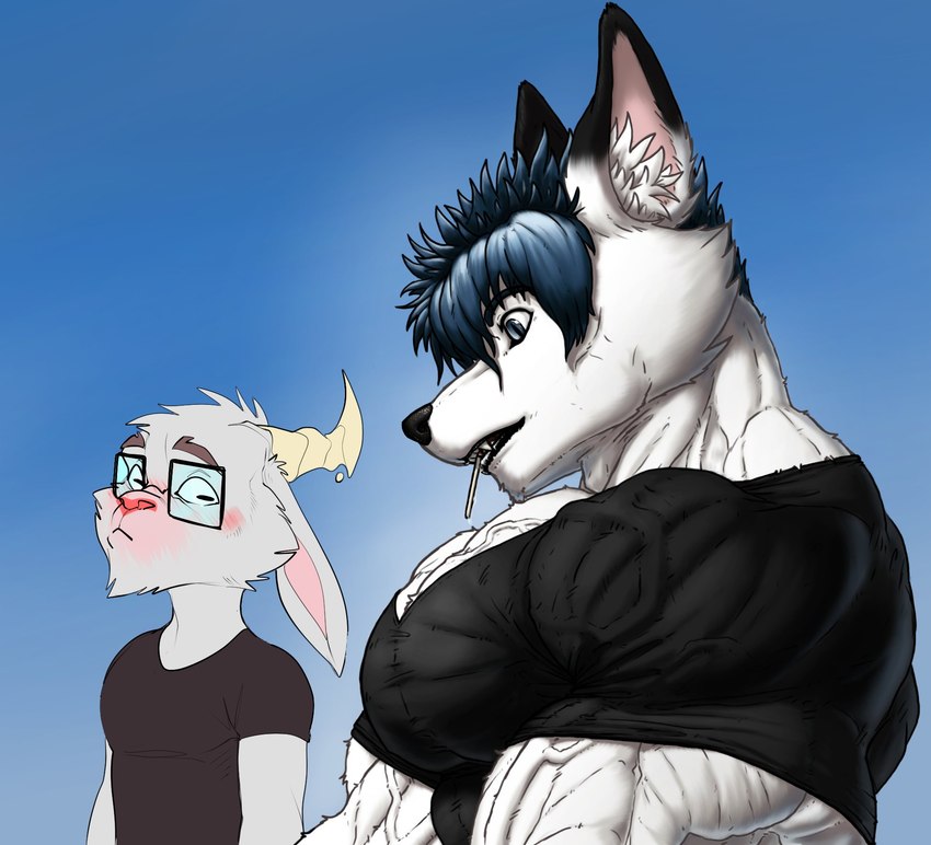 anthro arm_tuft big_deltoids big_ears big_eyes big_muscles big_pecs black_body black_clothing black_ears black_eyebrows black_fur black_markings black_nose black_shirt black_t-shirt black_topwear blue_background blue_eyes blue_hair blush brown_eyebrows cheek_tuft chest_tuft chin_tuft closed_frown clothed clothed_anthro clothed_male clothing deltoids dipstick_ears duo ear_markings ear_tuft ears_down eyebrows facial_markings facial_tuft flexing fur hair head_markings head_tuft horn huge_deltoids huge_muscles huge_pecs light looking_at_chest looking_down male markings multicolored_ears muscle_size_difference muscular muscular_arms open_mouth open_smile pecs pink_nose pivoted_ears pupils raised_eyebrows shirt shoulder_tuft side_view simple_background smile square_pupils t-shirt tight_clothing topwear tuft two_tone_ears vein white_body white_ears white_fur white_head white_horn bristol djdarkfox girl_staring_at_man's_chest chiko_(bristol) dj_(djdarkfox) bovid canid canine caprine fox goat mammal 2021 collaboration colored digital_drawing_(artwork) digital_media_(artwork) half-length_portrait hi_res meme portrait shaded