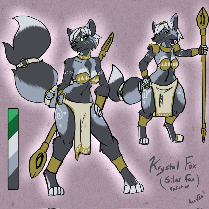 anthro black_body black_fur bottomwear breasts clothed clothing color_variation comparison female fur grey_body grey_fur hair krystal's_staff loincloth navel size_difference solo tribal white_hair acev nintendo star_fox krystal_(star_fox) canid canine canis fox mammal 1:1 2026 hi_res