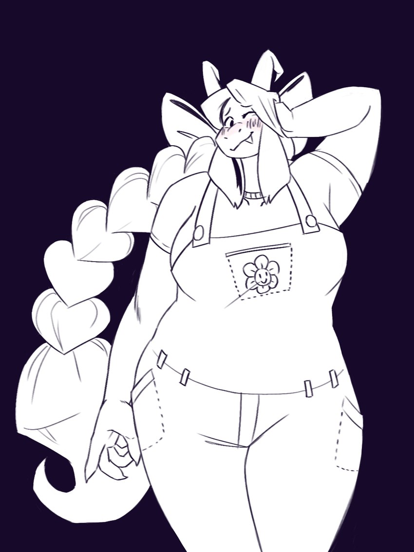 blush bow_ribbon breasts clothing crossgender female hair mtf_crossgender overalls ponytail slightly_chubby solo dracozhilla undertale undertale_(series) asriel_dreemurr boss_monster_(undertale) 3:4 hi_res monochrome