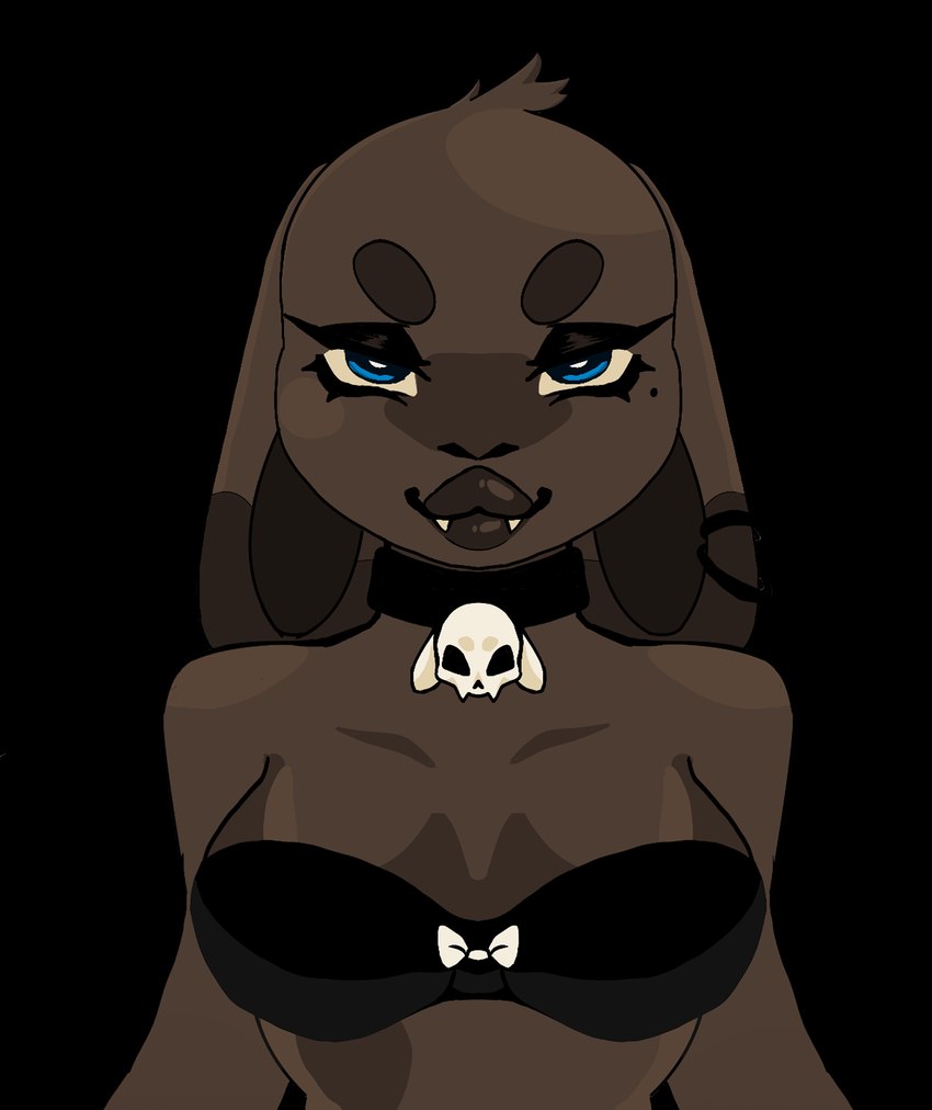 anthro black_bra black_choker black_clothing black_ear_ring black_jewelry black_necklace black_underwear blue_eues bow_(feature) bra brown_body brown_fur brown_lips brown_markings choker circle_eyebrows clothing dipstick_ears ear_markings ear_piercing ear_ring eyebrows female floppy_ears fur fur_markings half-closed_eyes head_tuft jewelry lips looking_at_viewer lop_ears markings multicolored_ears narrowed_eyes necklace piercing ring_piercing sharp_teeth simple_background skull_choker smile solo strapless_bra strapless_clothing strapless_underwear teeth thick_lips transparent_background tuft underwear white_bow paste_(artist) alpha_channel cel_shading digital_drawing_(artwork) digital_media_(artwork) half-length_portrait hi_res portrait shaded