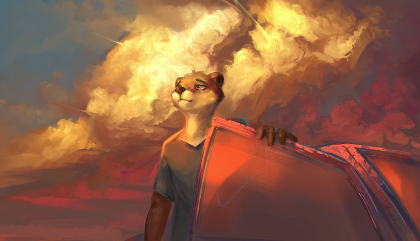 anthro brown_body car clothing cloud detailed_background grey_clothing light male orange_eyes solo sun sunlight sunset vehicle drunk_ferret echo_(game) echo_(series) echo_project chase_hunter mammal mustelid otter absurd_res hi_res