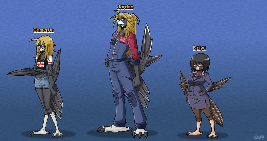 anthro beak big_breasts black_hair blonde_hair bottomwear breasts brown_body brown_eyes brown_feathers business_suit clothing crop_top denim denim_bottomwear denim_clothing denim_shorts eyewear feathers female femboy flag_clothing glasses grey_body grey_feathers group hair larger_child larger_son male multicolored_body pencil_skirt ponytail shirt short_stack shorts skirt slim slim_anthro slim_male smaller_mother smaller_mother_larger_son smaller_parent standing suit tan_body tan_feathers topwear trio two_tone_body white_body white_feathers work_uniform h1draw cameron_(maddug) daiyu_(maddug) jordan_(maddug) avian bird corvid koel magpie_(corvid) oscine passerine absurd_res hi_res model_sheet signature andromorph_(lore) father_(lore) father_and_child_(lore) father_and_son_(lore) mother_(lore) mother_and_child_(lore) mother_and_son_(lore) parent_(lore) parent_and_child_(lore) parent_and_son_(lore) son_(lore)