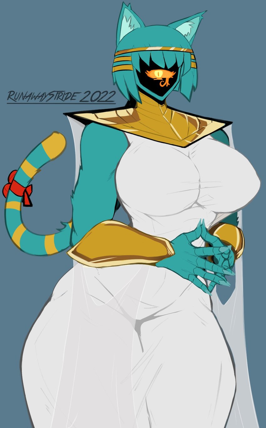 1_eye 5_fingers accessory anthro armor big_breasts breasts circlet clothing curvy_figure dress egyptian egyptian_clothing female fingers front_view fur furgonomics gesture gold_(metal) green_body green_fur green_hair grey_background hair head_tail huge_breasts looking_at_viewer markings nails nipple_outline orange_sclera ribbons shadow_face sharp_nails simple_background solo steepled_fingers striped_markings striped_tail stripes tail tail_accessory tail_markings tail_ribbon thick_thighs tight_clothing tight_dress usekh vambrace voluptuous white_clothing white_dress wide_hips yellow_eyes runawaystride sucker_for_love nyanlathotep_(sucker_for_love) deity felid feline mammal 2022 dated digital_media_(artwork) hi_res portrait signature three-quarter_portrait