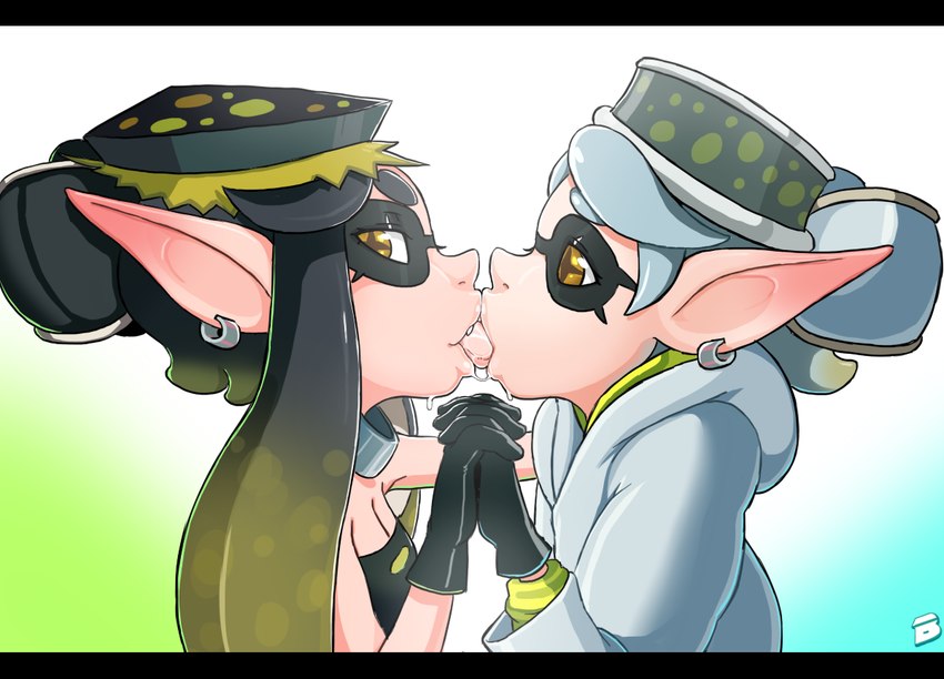 black_bars bodily_fluids breasts cleavage clothed clothing drooling duo ear_piercing ear_ring female female/female french_kissing gloves hair hand_holding handwear kissing piercing pseudo_hair ring_piercing saliva simple_background tentacle_hair tentacles tongue tongue_out b-intend nintendo splatoon callie_(splatoon) marie_(splatoon) squid_sisters_(splatoon) animal_humanoid cephalopod cephalopod_humanoid humanoid inkling marine marine_humanoid mollusk mollusk_humanoid digital_media_(artwork) letterbox cousins_(lore) incest_(lore)