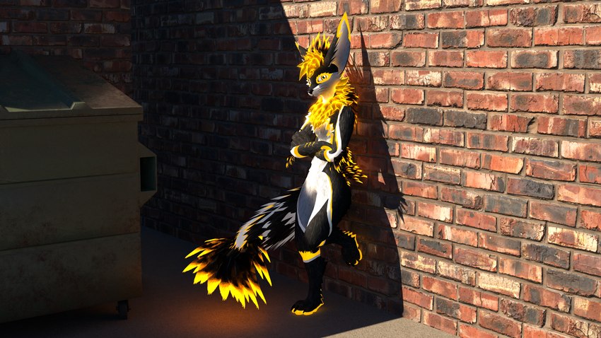 anthro bioluminescence black_body brick_wall dumpster feathers fur glowing glowing_body glowing_fur gold_markings leaning_on_wall looking_at_viewer male markings solo stripes wall_(structure) white_stripes yellow_body yellow_eyes yellow_feathers yellow_fur xevianlight ascended_xevian xevian_(xevianlight) rexouium 16:9 3d_(artwork) 4k absurd_res digital_media_(artwork) hi_res huge_filesize widescreen