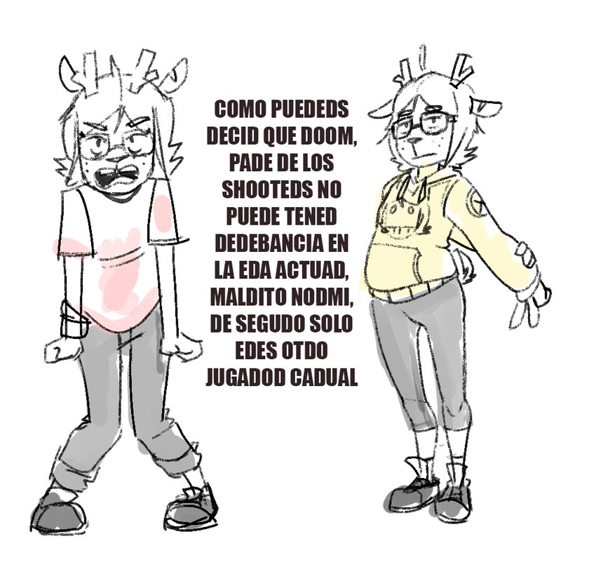 anthro bottomwear clothing eyewear female freckles glasses hoodie nerd pants solo text topwear unknown_artist deer mammal new_world_deer reindeer monochrome