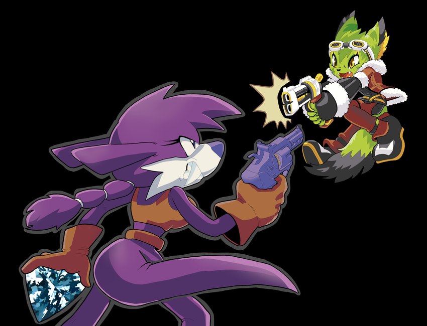 anthro aviator_jacket battle black_background bottomless clothed clothing diamond_(gem) duo eyewear fangs female gem gloves goggles green_body gun hair handwear ponytail ranged_weapon simple_background teeth weapon yellow_eyes arborialrodent archie_comics freedom_planet galaxytrail sega sonic_the_hedgehog_(archie) sonic_the_hedgehog_(comics) sonic_the_hedgehog_(series) corazon_tea nicolette_the_weasel felid feline felis mammal mustelid musteline true_musteline weasel wildcat absurd_res hi_res shaded