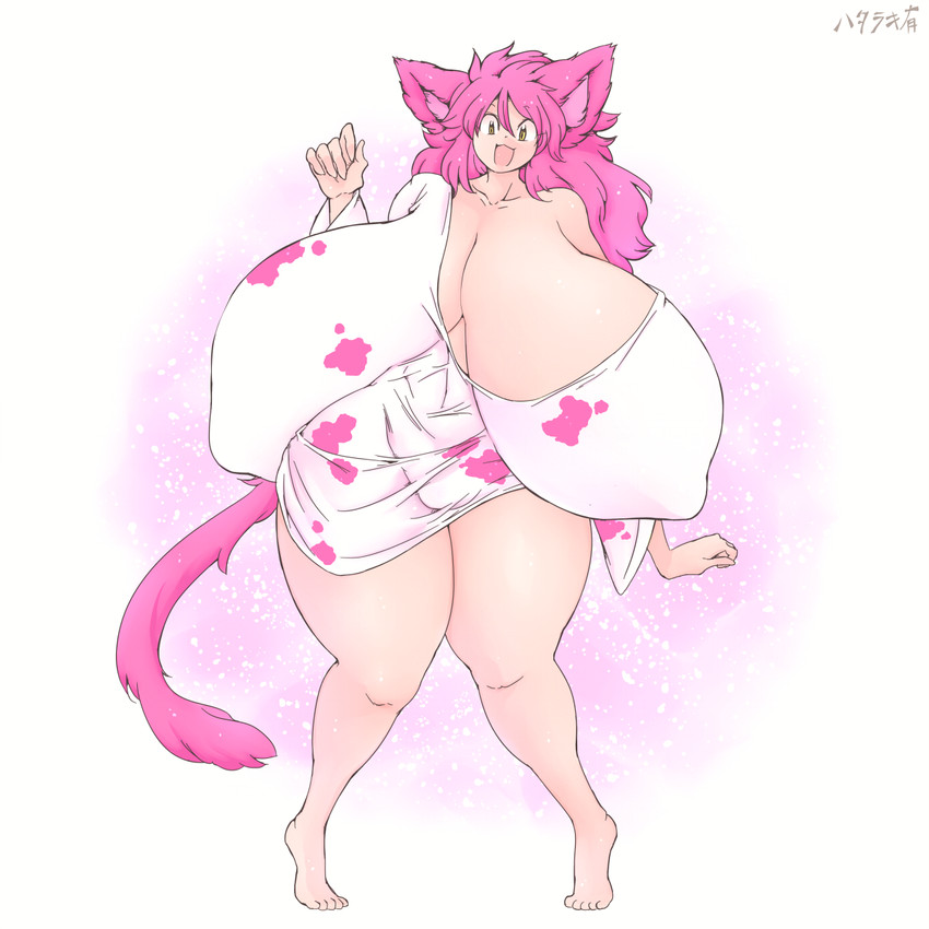 :d barefoot big_breasts breasts clothed clothing feet female hair half_naked huge_breasts hyper hyper_breasts long_hair nipple_outline open_mouth pink_hair shirt smile solo text thick_thighs tight_clothing topwear wide_hips yellow_eyes hataraki_ari milkcat_(hataraki) animal_humanoid cat_humanoid felid felid_humanoid feline feline_humanoid humanoid mammal mammal_humanoid 1:1 hi_res japanese_text signature