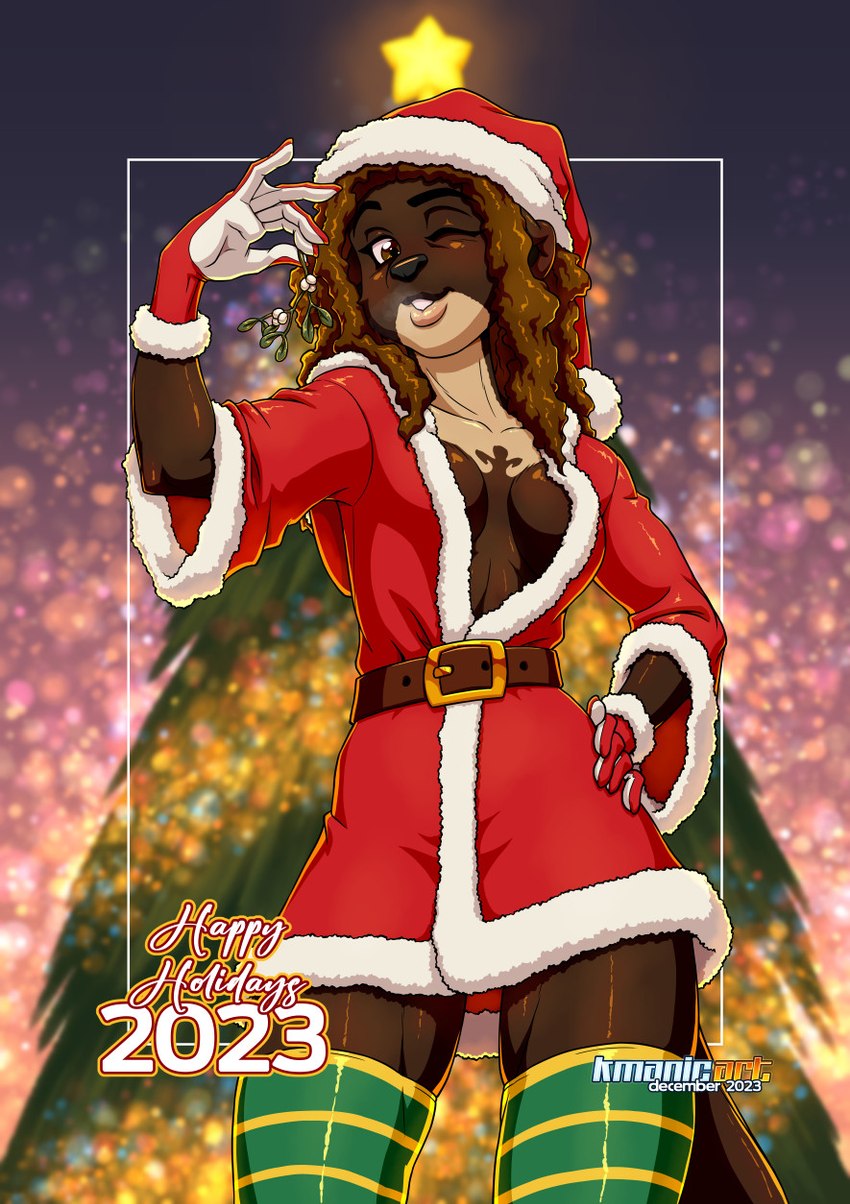 anthro belt breasts christmas_clothing christmas_headwear christmas_tree cleavage clothed clothing female fur gloves hair hand_on_hip handwear hat headgear headwear holding_mistletoe holding_object holidays legwear looking_at_viewer mistletoe one_eye_closed plant santa_hat smile smiling_at_viewer solo standing stockings tree wink winking_at_viewer keiron_white christmas viviane_brooks mammal mustelid otter 2023 hi_res signature