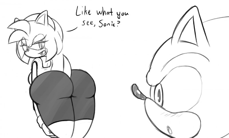 anthro bent_over big_butt bottomwear butt clothing dialogue duo female huge_butt male shorts spandex spandex_shorts text tight_bottomwear tight_clothing tight_shorts sandunky sega sonic_the_hedgehog_(series) amy_rose sonic_the_hedgehog eulipotyphlan hedgehog lagomorph mammal english_text monochrome