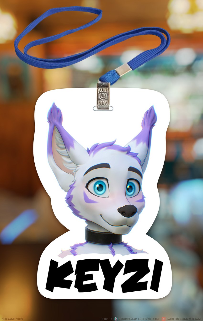 accessory anthro badge black_collar black_eyebrows black_nose blue_eyes blurred_background border cheek_tuft chest_tuft collar collar_only ear_tuft ears_up eyebrows facial_markings facial_tuft fur fur_markings head_markings inner_ear_fluff leather leather_collar looking_at_viewer male markings nude purple_body purple_fur purple_markings simple_background smile solo text tuft white_body white_border white_fur wide_eyed kotyami keyzi arctic_fox canid canine fox hybrid mammal true_fox 2023 character_badge_(artwork) colored digital_media_(artwork) english_text hi_res portrait shaded url