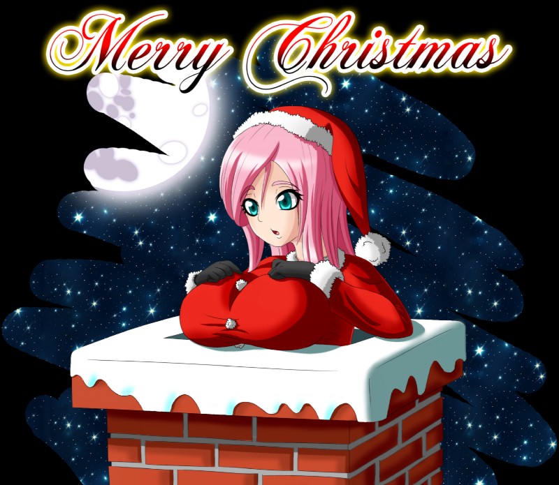 alternate_species big_breasts blue_eyes breast_rest breasts clothed clothing female hair hand_on_breast holidays humanized not_furry pink_hair solo stuck text zantyarz christmas friendship_is_magic hasbro my_little_pony fluttershy_(mlp) human mammal 2014 alpha_channel english_text hi_res