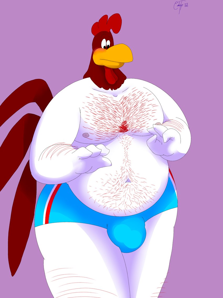 4_fingers anthro avian_caruncle beak belly belly_hair blush body_hair bulge chest_hair clothed clothing comb_(anatomy) dewlap_(anatomy) fingers head_crest leg_hair male moobs musclegut muscular navel nipples non-mammal_nipples overweight overweight_male pink_background simple_background solo thick_thighs underwear underwear_only wattle cake_top looney_tunes warner_brothers foghorn_leghorn avian bird chicken galliform gallus_(genus) leghorn_chicken phasianid 2023 3:4 absurd_res digital_media_(artwork) hi_res