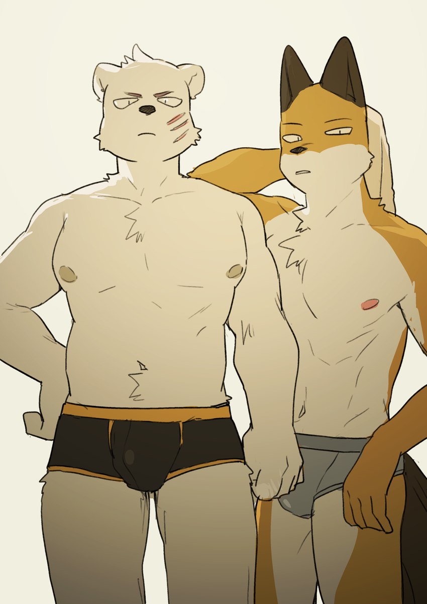 abs anthro athletic athletic_anthro athletic_male black_clothing black_underwear boxer_briefs briefs bulge chest_tuft clothed clothing countershading duo facial_scar fur grey_clothing grey_underwear kemono looking_at_viewer male navel nipples orange_body orange_fur scar tuft underwear underwear_only white_body white_countershading white_fur milkytiger1145 odd_taxi fuyuki_yamamoto_(odd_taxi) sekiguchi_(odd_taxi) bear canid canine fox mammal polar_bear ursine 2021 absurd_res hi_res