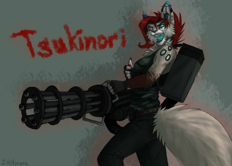 anthro biped cigarette clothed clothing ear_piercing fangs female fingerless_gloves fur gatling_gun gloves gun hair handwear machine_gun minigun open_mouth piercing ranged_weapon simple_background smile smoke solo standing teeth text tongue weapon hitmore felid mammal english_text