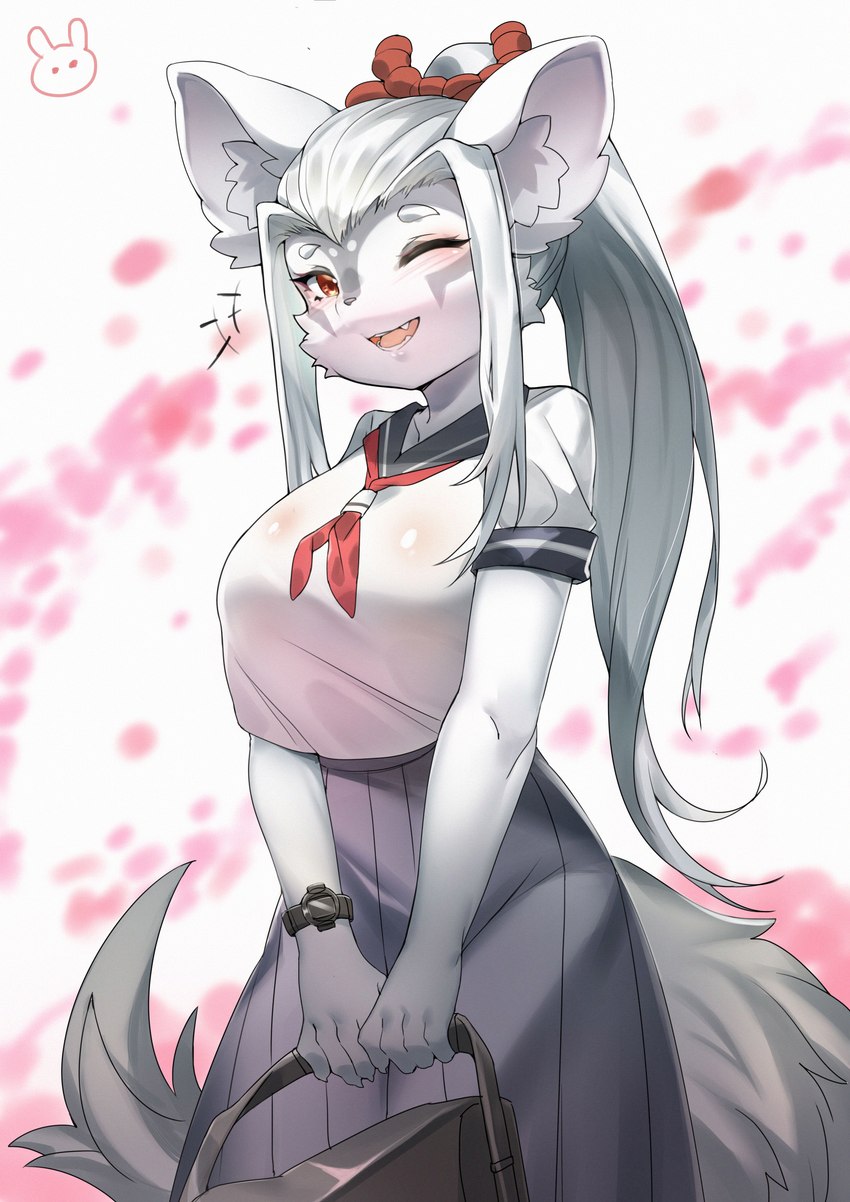 anthro blush clock clothing female fur grey_body grey_fur grey_hair hair kemono looking_at_viewer one_eye_closed school_uniform solo uniform watch wink winking_at_viewer wristwatch user_cpsf8285 hakuro_(onmyoji) canid canine canis mammal wolf absurd_res hi_res