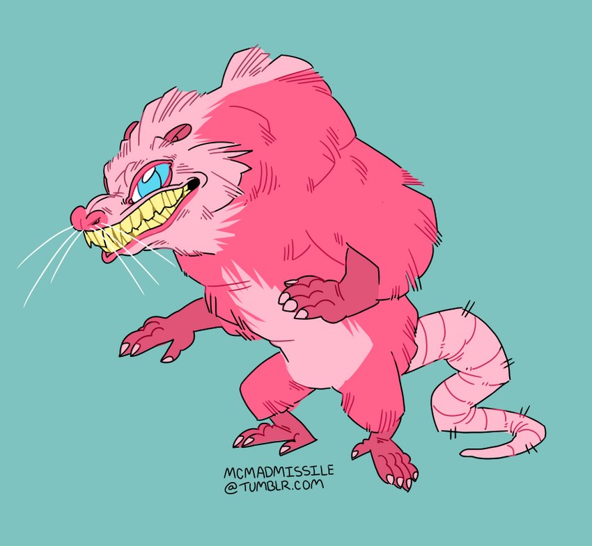 ambiguous_gender anthro blue_eyes crooked_teeth fur pink_body pink_fur semi-anthro simple_background solo teeth text whiskers mcmadmissile american_opossum mammal marsupial 2015 digital_media_(artwork) full-length_portrait portrait url