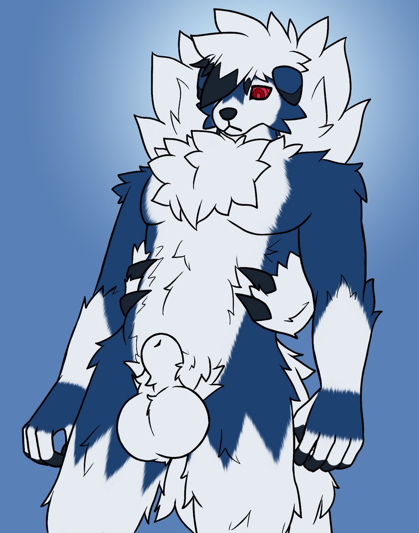 animal_genitalia anthro balls claws fluffy fluffy_tail fur genitals male sheath simple_background solo tail white_body white_fur sirdoomwolf nintendo pokemon canid canine canis generation_7_pokemon lycanroc mammal midnight_lycanroc pokemon_(species) shiny_pokemon hi_res