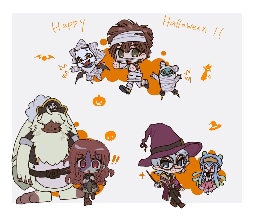 anthro brown_hair clothing costume female fur group hair hair_over_eyes halloween_costume hat headgear headwear holidays long_ears male mummy_costume mummy_wrappings pirate_hat ponytail_ears tentacles text white_body wings witch_hat yellow_body yellow_fur randomlyrab bandai_namco digimon digimon_ghost_game halloween hiro_amanokawa kiyoshiro_higashimitarai ruri_tsukiyono angoramon digimon_(species) espimon gammamon human humanoid jellymon lagomorph leporid mammal rabbit english_text hi_res