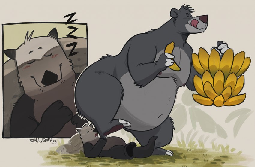 against_natural_surface against_rock against_surface anthro banana belly big_belly big_butt butt claws duo eyes_closed finger_claws food fruit grass head_tuft holding_food holding_fruit holding_object huge_belly imminent_facesitting licking licking_lips lying male male/male moobs navel nipples obese obese_anthro obese_male on_back overweight overweight_anthro overweight_male plant raised_leg sleeping snoring sound_effects teeth_showing toe_claws tongue tongue_out tuft vowelless vowelless_sound_effect zzz haps the_jungle_book baloo chorizo_(dangpa) bear mammal mustelid otter sloth_bear ursine hi_res
